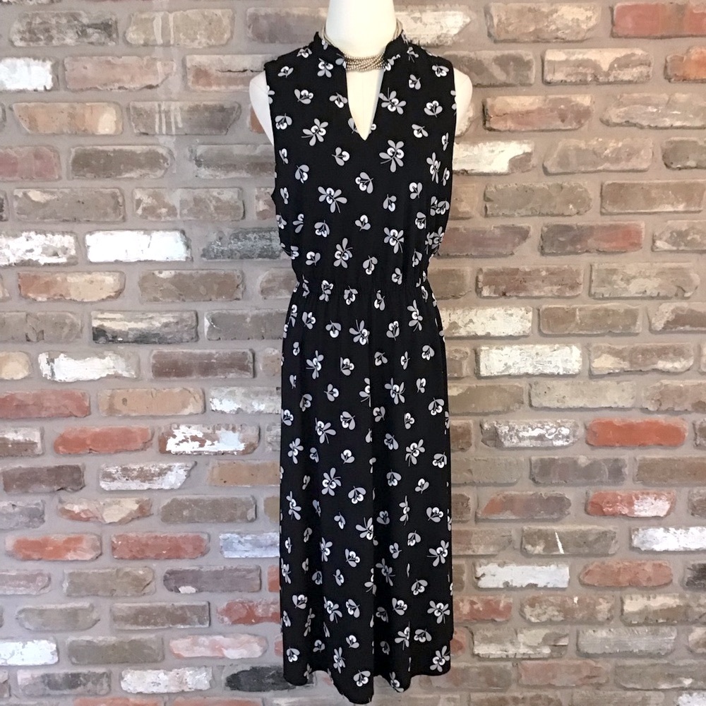 ANNE KLEIN Women's Black & Gray Floral Sleeveless Waist Defining Midi Sundress - Picture 2 of 6